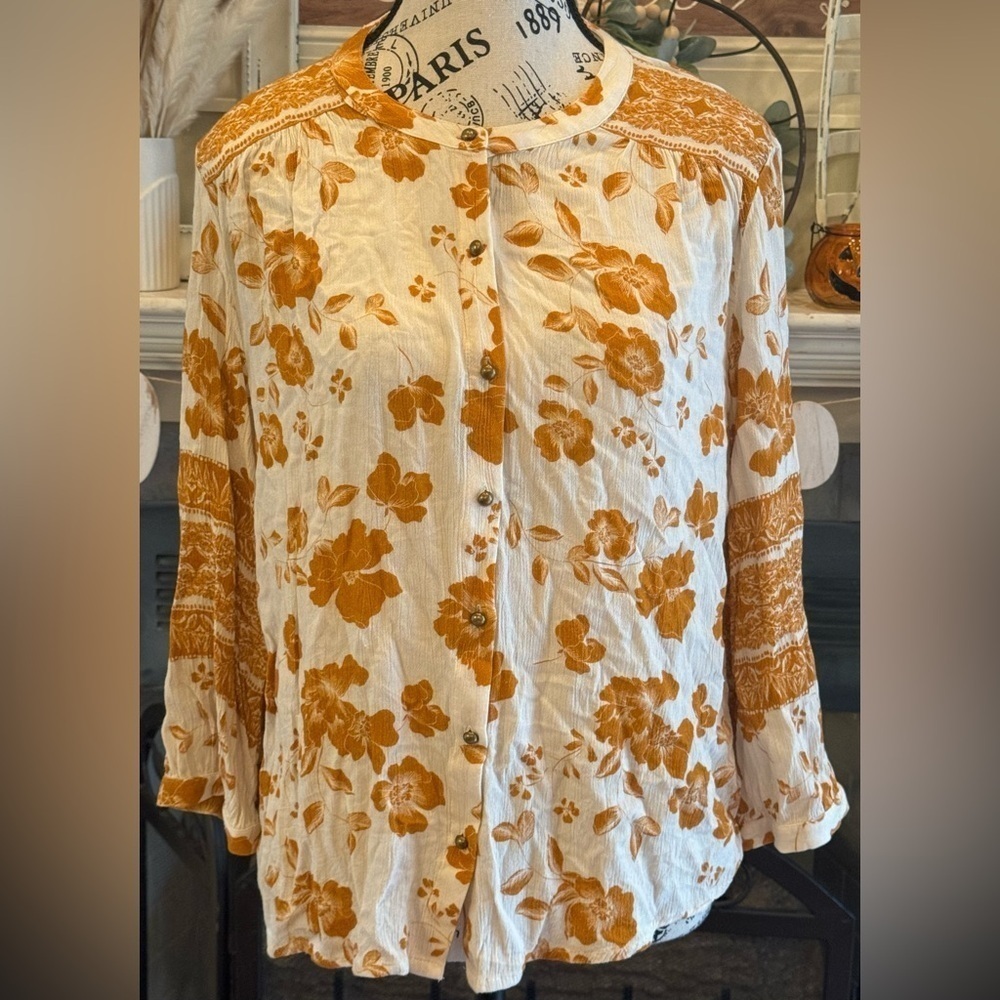 Garnet Hill Large Button Blouse Women’s Fall Floral Flowers Autumn Hold Brown